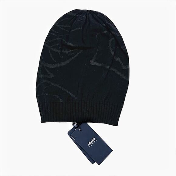 Armani Jeans Beanie Black Knit Jacquard Floral Embroidered Italy Women NWT $100 - Picture 1 of 5